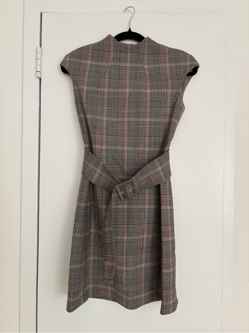 Theory Plaid Midi Dress in Taupe and Pink